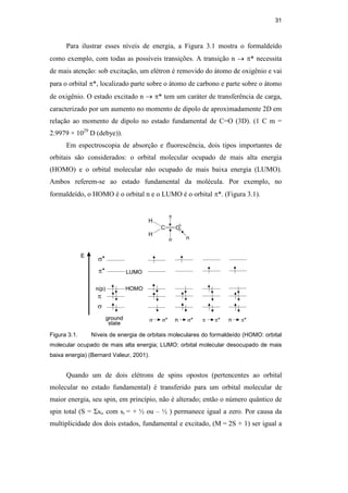 31
Para ilustrar esses níveis de energia, a Figura 3.1 mostra o formaldeído
como exemplo, com todas as possíveis transições. A transição n → π* necessita
de mais atenção: sob excitação, um elétron é removido do átomo de oxigênio e vai
para o orbital π*, localizado parte sobre o átomo de carbono e parte sobre o átomo
de oxigênio. O estado excitado n → π* tem um caráter de transferência de carga,
caracterizado por um aumento no momento de dipolo de aproximadamente 2D em
relação ao momento de dipolo no estado fundamental de C=O (3D). (1 C m =
2.9979 × 1029
D (debye)).
Em espectroscopia de absorção e fluorescência, dois tipos importantes de
orbitais são considerados: o orbital molecular ocupado de mais alta energia
(HOMO) e o orbital molecular não ocupado de mais baixa energia (LUMO).
Ambos referem-se ao estado fundamental da molécula. Por exemplo, no
formaldeído, o HOMO é o orbital n e o LUMO é o orbital π*. (Figura 3.1).
Figura 3.1. Níveis de energia de orbitais moleculares do formaldeído (HOMO: orbital
molecular ocupado de mais alta energia; LUMO: orbital molecular desocupado de mais
baixa energia) (Bernard Valeur, 2001).
Quando um de dois elétrons de spins opostos (pertencentes ao orbital
molecular no estado fundamental) é transferido para um orbital molecular de
maior energia, seu spin, em princípio, não é alterado; então o número quântico de
spin total (S = Σsi, com si = + ½ ou – ½ ) permanece igual a zero. Por causa da
multiplicidade dos dois estados, fundamental e excitado, (M = 2S + 1) ser igual a
PUC-Rio
-
Certificação
Digital
Nº
0521275/CA
 