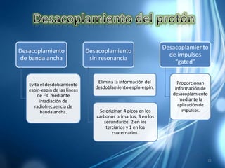 TEORÍA DE LA RESONANCIA MAGNÉTICA NUCLEARDESCRIPCIÓN CUÁNTICA DE LA RMN Para explicar las propiedades de ciertos núcleos, es necesario suponer  que giran alrededor de un eje y por  ende tienen las siguientes  propiedades:Espín.Momento angular p cuyas componentes poseen los valores de I, I-1, I – 2, …, - INumero cuántico de espín I.Estados discretos  2I + 1.componentes de P  con  valores de I, I-1, I – 2, …, - I.Momento magnético de un núcleoEstado cuántico magnético observables m, con m = I, I-1, I – 2, …, - I.