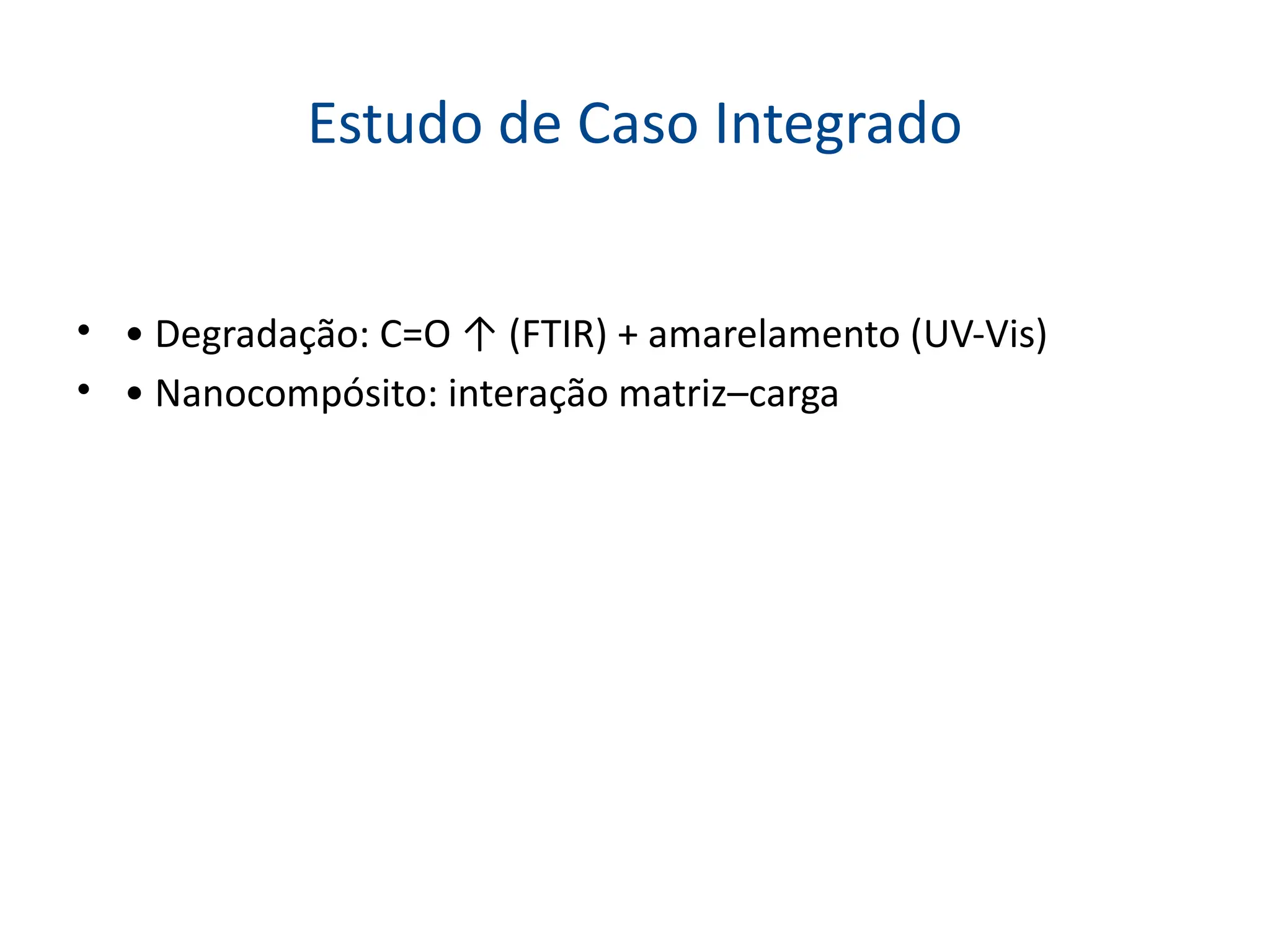 Estudo de Caso Integrado
• • Degradação: C=O ↑ (FTIR) + amarelamento (UV-Vis)
• • Nanocompósito: interação matriz–carga
 