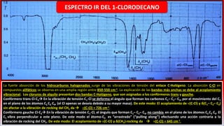 La fuerte absorción de los hidrocarburos halogenados surge de las vibraciones de tensión del enlace C-Halógeno. La absorción C-Cl en
compuestos alifáticos se observa en una amplia región entre 850-550 cm-1. La explicación de las bandas más anchas se debe al acoplamiento
vibracional. Los cloruros de alquilo presentan dos bandas C-Halógeno, que son asignadas a los confórmeros trans y gauche.
Confórmero trans Cl-C3 En la vibración de tensión C1-Cl se deforma el ángulo que forman los carbonos C1– C2– C3, por el movimiento del C1
en el plano de los átomos C2 C3 C4, (el Cl apenas se desvía debido a su mayor masa). De este modo: El acoplamiento de ν(C-Cl) y δ(C1– C2– C3)
sin afectar a la vibración de rocking del CH2 da  ν(C-Cl) = 726 cm-1.
Confórmero gauche Cl-C3 En la vibración de tensión C1-Cl, el ángulo que forman C1– C2– C3, no cambia en el plano de los átomos C2 C3 C4. El
C1 vibra perpendicular a este plano. De este modo el átomo-C2 es “arrastrado” (“pulling along”) efectuando una acción contraria a la
vibración de rocking del CH2. De este modo: El acoplamiento de ν(C-Cl) y δ(CH2)-rocking da  ν(C-Cl) = 645 cm-1.
ESPECTRO IR DEL 1-CLORODECANO
 