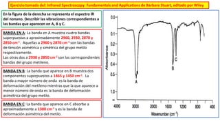 En la figura de la derecha se representa el espectro IR
del nonano. Describir las vibraciones correspondientes a
las bandas que aparecen en A, B y C.
BANDA EN A: La banda en A muestra cuatro bandas
superpuestas a aproximadamente 2960, 2930, 2870 y
2850 cm-1. Aquellas a 2960 y 2870 cm-1 son las bandas
de tensión asimétrica y simétrica del grupo metilo
respectivamente.
Las otras dos a 2930 y 2850 cm-1 son las correspondientes
bandas del grupo metileno.
Ejercicio tomado del: Infrared Spectroscopy: Fundamentals and Applications de Barbara Stuart, editado por Wiley
BANDA EN B: La banda que aparece en B muestra dos
componentes superpuestos a 1465 y 1450 cm-1. La
banda a mayor número de onda es la banda de
deformación del metileno mientras que la que aparece a
menor número de onda es la banda de deformación
asimétrica del grupo metilo.
BANDA EN C: La banda que aparece en C absorbe a
aproximadamente a 1380 cm-1 y es la banda de
deformación asimétrica del metilo.
 