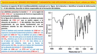 Examinar el espectro IR del 2-metilbenzaldehido mostrado en la figura de la derecha e identificar la banda de deformación
C – H del aldehído. Describir el efecto responsable de la formación del doblete.
Los aldehídos presentan la tensión C – H en la región de
2900 -2700 cm-1. La resonancia de Fermi es responsable de
la formación del doblete.
En la figura de la derecha se observa un doblete centrado
alrededor de 2780 cm-1 que se podría asignar a la
vibración de tensión C – H del aldehído. Esta resulta del
acoplamiento de una banda fundamental con un
sobretono estando las dos vibraciones en la misma
posición.
Como el doblete está centrado alrededor de 2780 cm-1 se
esperaría una banda fundamental próxima a 1400 cm-1. En
la región de 1400 cm-1 hay un doblete con picos a 1382 y
1386 cm-1. Uno de estos picos es la banda de deformación
del CH3, mientras que el otro es la banda de deformación
en el plano del enlace H – C – O. Este último es el
responsable del doblete, dado que la banda de
deformación del CH3, no está en el plano del movimiento
de la vibración de tensión C – H del aldehído.
El doble de 1386 cm-1 es 2772 cm-1 el cual está muy
próximo al centro del doblete observado (2780 cm-1).
Ejercicio tomado del: INFRARED SPECTROSCOPY: FUNDAMENTALS AND APPLICATIONS de Barbara Stuart, editado por Wiley
 