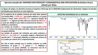 La figura de abajo a la derecha muestra el espectro infrarrojo de la VANILINA (saborizante de alimentos). Asignar las bandas
principales que aparecen en este espectro.
Ejercicio tomado del: INFRARED SPECTROSCOPY: FUNDAMENTALS AND APPLICATIONS de Barbara Stuart,
editado por Wiley
En el espectro de la vanilina números de onda altos aparece
una banda débil, a 3550 cm-1, que podría deberse a un grupo
alcohol o fenol. Entre 3100-2700 cm-1, aparecen bandas de
tensión C – H. Algunas de ellas están por encima de 3000 cm-1,
y otras por debajo lo que indica la presencia de enlaces C – H
alifáticos y aromáticos.
Las bandas de tensión C – H que aparecen entre 2800 y 2700
cm-1, a un número de ondas más bajo, indican la presencia de
un grupo aldehído.
Las bandas de tensión del carbonilo que están próximas a
1790 cm-1, y a 1740 cm-1, se pueden asignar a vibraciones de
tensión del C = O de grupos aldehído no unidos por enlaces de
H y unidos por enlaces de H, respectivamente.
Por ello se dejar sentado que la vanilina contiene un anillo
bencénico, un grupo O – H, grupos C – H, alifáticos y
aromáticos y un grupo aldehído. La estructura real de la
vanilina se muestra en la figura de la derecha.
ESPECTRO INFRARROJO DE LA VANILINA
 