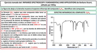 Ejercicio tomado del: INFRARED SPECTROSCOPY: FUNDAMENTALS AND APPLICATIONS de Barbara Stuart,
editado por Wiley
La fórmula C8H16 sugiere que este compuesto debe tener un
doble enlace C = C o ser un cicloalcano.
Como el espectro de este compuesto tiene una banda de
tensión C – H, por encima de 3000 cm-1, tenemos que pensar
en la presencia de átomos de hidrógeno unidos a un carbono
que tiene doble enlace, es decir, un enlace C(sp2) – H.
La banda que aparece a un número de onda 1650 cm-1 es una
banda de tensión C = C.
Las bandas a 998 y 915 cm-1, son las bandas de deformación
C – H con una banda débil a 720 cm-1.
La banda de tensión C = C es intensa y por tanto no se trata de
un alqueno con configuración trans con el doble enlace lejos
del extremo de la cadena.
La banda a 720 cm-1, da una información parecida a la anterior
y sugiere al menos cuatro grupos metileno, CH2.
Las bandas de deformación C – H sugiere que la molécula
contiene el grupo – CH = CH2 .
La posible estructura es, por tanto la del : 1-octeno.
La figura de abajo a la derecha muestra el espectro infrarrojo del compuesto C8 H16 . Identificar este compuesto.
ESPECTRO INFRARROJO DEL COMPUESTO C8H16
 