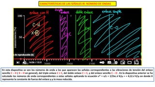 CARACTERÍSTICAS DE LAS SEÑALES IR: NÚMERO DE ONDAS
En esta diapositiva se ven los números de onda a los que aparecen las señales correspondientes a las vibraciones de tensión del enlace
sencillo C – H ( X – H en general), del triple enlace C ≡ C, del doble enlace C = C, y del enlace sencillo C – O . En la diapositiva anterior se ha
calculado los números de onda correspondientes a estas señales aplicando la ecuación ν* = ν/c = 1/2πc.√ K/μ = = 4,12.√ K/μ en donde K
representa la constante de fuerza del enlace y μ la masa reducida.
 