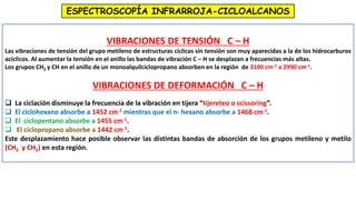 ESPECTROSCOPÍA INFRARROJA-CICLOALCANOS
VIBRACIONES DE TENSIÓN C – H
Las vibraciones de tensión del grupo metileno de estructuras cíclicas sin tensión son muy aparecidas a la de los hidrocarburos
acíclicos. Al aumentar la tensión en el anillo las bandas de vibración C – H se desplazan a frecuencias más altas.
Los grupos CH2 y CH en el anillo de un monoalquilciclopropano absorben en la región de 3100 cm-1 a 2990 cm-1.
VIBRACIONES DE DEFORMACIÓN C – H
 La ciclación disminuye la frecuencia de la vibración en tijera “tijereteo o scissoring”.
 El ciclohexano absorbe a 1452 cm-1 mientras que el n- hexano absorbe a 1468 cm-1.
 El ciclopentano absorbe a 1455 cm-1.
 El ciclopropano absorbe a 1442 cm-1.
Este desplazamiento hace posible observar las distintas bandas de absorción de los grupos metileno y metilo
(CH3 y CH2) en esta región.
 