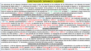 ESPECTROSCOPÍA INFRARROJA-ALQUENOS
Las estructuras de los alquenos introducen varios nuevos modos de vibración en las moléculas de los hidrocarburos: una vibración de tensión
(stretching) del doble enlace C = C, vibraciones de tensión C – H en los que el átomo de carbono está vinculado al alqueno, y las deformaciones
(bending) dentro del plano “in-plane” y fuera del plano “out-of-plane” de los enlaces C – H de los alquenos. Al pasar del enlace sencillo C – C (que
absorbe ≈ 1200 cm-1 ) al doble enlace C = C, aumenta la constante de fuerza K permaneciendo la masa reducida, μ = m.m´/m + m´, en el mismo valor.
Como el número de onda es directamente proporcional a K, de acuerdo con ν* = ν/c = 1/2πc.√ K/μ, el enlace C = C absorberá a mayor número de
onda, aproximadamente a ≈ 1650 cm-1. El doble enlace C = C es más fuerte que el C – C , y por tanto se necesita más energía para romperlo.
VIBRACIONES DE TENSIÓN DEL DOBLE ENLACE C = C EN ALQUENOS LINEALES NO CONJUGADOS
La vibración de tensión del doble enlace C=C de un alqueno no conjugado, muestra una absorción de moderada a débil de 1667 a 1640 cm-1.
Los alquenos monosustituidos, esto es, los grupos vinilo R – CH = CH2, absorben aproximadamente a ≈1640 cm-1 con moderada intensidad. Los
alquenos disustituidos trans y los alquenos tri- o tetraalquilsustituidos absorben a ≈ 1670 cm-1 . Los alquenos disustituidos cis y los alquenos del tipo R
– CH = CH2, absorben aproximadamente a ≈1650 cm-1. La absorción tanto de los alquenos disustituidos trans-simétricos, como de los alquenos
tetrasustituidos puede ser muy débil o ausente. La absorción de los cis-alquenos absorben mas fuertemente que los trans-alquenos. Los dobles
enlaces internos generalmente absorben más débilmente que los dobles enlaces terminales debido a la pseudosimetría. Excepcionalmente se
observan frecuencias altas de absorción para los grupos – CH = CF2, y – CF = CF2. El primero absorbe a ≈ 1754 cm-1 y el segundo a ≈ 1786 cm-1. Por el
contrario la frecuencia de absorción se reduce para el Cl, Br y I. SISTEMAS CONJUGADOS
Las vibraciones de tensión en los dienos conjugados sin un centro de simetría interaccionan para producir dos bandas de tensión C = C. El espectro de
un dieno conjugado asimétrico, tal como el 1,3-pentadieno, muestra absorción a ≈ 1650 cm-1 y a ≈ 1600 cm-1. La molécula simétrica de 1,3-butadieno
muestra una única banda a ≈ 1600 cm-1 que procede de una tensión asimétrica. La conjugación de un doble enlace de un alqueno con un anillo
aromático eleva la absorción del alqueno a 1625 cm-1. Si la conjugación es con el grupo carbonilo C=O, la frecuencia de absorción disminuye ≈ 30 cm-1.
VIBRACIONES DE TENSIÓN C-H EN LOS ALQUENOS
En general las bandas de tensión, =C–H, en los alquenos aparecen por encima de 3000 cm-1. Con resoluciones apropiadas se observan bandas
múltiples en estructuras en las que interactúan tensiones, por ej. el grupo vinilo da tres bandas próximas: dos de ellas se deben a la tensión simétrica
y asimétrica de los enlaces C – H terminales, y la tercera a la tensión del enlace sencillo C – H que queda.
VIBRACIONES DE DEFORMACIÓN C-H EN LOS ALQUENOS
Los enlaces C – H de los alquenos experimentan deformación (bending) bien en el plano de enlace C=C o perpendicular a el y pueden ser “en fase” o
out of phase. El grupo vinilo –CH=CH2 absorbe a 1416 cm-1 debido al scissoring del CH2 terminal y, en esa región se da la vibración de rocking del C-H
de un alqueno cis-disustituido. Las más fuertes son las fuera del plano entre 1000 y 650 cm-1. A 850 cm-1 se da el wagging del =CH2.
 