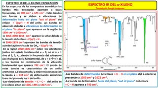 ESPECTRO IR DEL o-XILENO
Tomado del Google Imágenes.
ESPECTRO IR DEL o-XILENO: EXPLICACIÓN
En los espectros de los compuestos aromáticos las
bandas más destacadas aparecen a bajas
frecuencias, de 900 cm-1 a 675 cm-1 . Estas bandas
son fuertes y se deben a vibraciones de
deformación fuera del plano “out of plane” del
enlace = C(sp2) – H del anillo. Las bandas de
absorción debidas a vibraciones de deformación en
el plano “in plane” que aparecen en la región de
1300 cm-1 a 1000 cm-1 .
-A 3066-3050-3018 cm-1 aparece la señal debida a
la tensión del enlace = C(sp2) – H .
-A 2940-2878 cm-1 aparecen las bandas de tensión
asimétrica/simétrica de los CH3, – C(sp3) – H.
-En la región 2000-1600 cm-1 están los sobretonos
(saltos del estado fundamental ν = 0, no al ν = 1
sino al 2, 3, 4,…siendo la frecuencia del sobretono
casi múltiplos de la fundamental, de ν = 0  ν = 1),
y las bandas de combinación de la vibración
fundamental que aparece 742 cm-1. El patrón de
estas bandas es característico de un anillo
aromático 1,2-disustituido, y están relacionadas con
la banda a ≈ 742 cm-1 de deformación asimétrica
fuera del plano de los H del anillo.
-Las vibraciones de tensión – C = C – del anillo en
el o-xileno están en 1606, 1495 y 1467 cm-1.
-Las bandas de deformación del enlace = C – H en el plano del o-xileno se
presentan a 1050 cm-1 y 1022 cm-1 .
-La banda de deformación fuera del plano, “out of plane” del enlace
= C – H aparece a 742 cm-1.
 