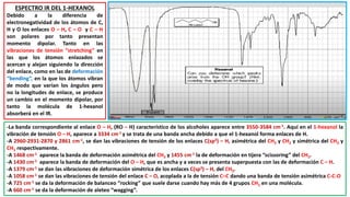 ESPECTRO IR DEL 1-HEXANOL
Debido a la diferencia de
electronegatividad de los átomos de C,
H y O los enlaces O – H, C – O y C – H
son polares por tanto presentan
momento dipolar. Tanto en las
vibraciones de tensión “stretching” en
las que los átomos enlazados se
acercan y alejan siguiendo la dirección
del enlace, como en las de deformación
“bending”, en la que los átomos vibran
de modo que varían los ángulos pero
no la longitudes de enlace, se produce
un cambio en el momento dipolar, por
tanto la molécula de 1-hexanol
absorberá en el IR.
-La banda correspondiente al enlace O – H, (RO – H) característico de los alcoholes aparece entre 3550-3584 cm-1. Aquí en el 1-hexanol la
vibración de tensión O – H, aparece a 3334 cm-1 y se trata de una banda ancha debido a que el 1-hexanol forma enlaces de H.
-A 2960-2931-2870 y 2861 cm-1, se dan las vibraciones de tensión de los enlaces C(sp3) – H, asimétrica del CH3 y CH2 y simétrica del CH3 y
CH2 respectivamente.
-A 1468 cm-1 aparece la banda de deformación asimétrica del CH3 y 1455 cm-1 la de deformación en tijera “scissoring” del CH2.
-A 1430 cm-1 aparece la banda de deformación del O – H, que es ancha y a veces se presenta superpuesta con las de deformación C – H.
-A 1379 cm-1 se dan las vibraciones de deformación simétrica de los enlaces C(sp3) – H, del CH3.
-A 1058 cm-1 se dan las vibraciones de tensión del enlace C – O, acoplada a la de tensión C–C dando una banda de tensión asimétrica C-C-O
-A 725 cm-1 se da la deformación de balanceo “rocking” que suele darse cuando hay más de 4 grupos CH2 en una molécula.
-A 660 cm-1 se da la deformación de aleteo “wagging”.
 