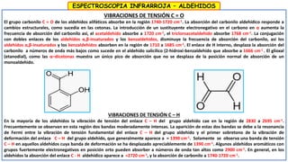VIBRACIONES DE TENSIÓN C = O
El grupo carbonilo C = O de los aldehídos alifáticos absorbe en la región 1740-1720 cm-1. La absorción del carbonilo aldehídico responde a
cambios estructurales, como sucedía en las cetonas. La introducción de un sustituyente electronegativo en el carbono en α aumenta la
frecuencia de absorción del carbonilo así, el acetaldehído absorbe a 1720 cm-1, el tricloroacetaldehido absorbe 1768 cm-1. La conjugación
con dobles enlaces de los aldehídos α,β-insaturados y los benzaldehídos, disminuye la frecuencia de absorción del carbonilo, así los
aldehídos α,β-insaturados y los benzaldehídos absorben en la región de 1710 a 1685 cm-1. El enlace de H interno, desplaza la absorción del
carbonilo a números de onda más bajos como sucede en el aldehído salicílico (2-hidroxi-benzaldehído que absorbe a 1666 cm-1 . El glioxal
(etanodial), como las α–dicetonas muestra un único pico de absorción que no se desplaza de la posición normal de absorción de un
monoaldehido.
VIBRACIONES DE TENSIÓN C – H
En la mayoría de los aldehídos la vibración de tensión del enlace C – H del grupo aldehído cae en la región de 2830 a 2695 cm-1.
Frecuentemente se observan en esta región dos bandas moderadamente intensas. La aparición de estas dos bandas se debe a la resonancia
de Fermi entre la vibración de tensión fundamental del enlace C – H del grupo aldehído y el primer sobretono de la vibración de
deformación del enlace C – H del grupo aldehído, que generalmente aparece a ≈ 1390 cm-1. Solamente se observa una banda de tensión
C – H en aquellos aldehídos cuya banda de deformación se ha desplazado apreciablemente de 1390 cm-1. Algunos aldehídos aromáticos con
grupos fuertemente electronegativos en posición orto pueden absorber a números de onda tan altos como 2900 cm-1. En general, en los
aldehídos la absorción del enlace C - H aldehídico aparece a ≈2720 cm-1, y la absorción de carbonilo a 1740-1720 cm-1.
ESPECTROSCOPIA INFRARROJA – ALDEHIDOS
 