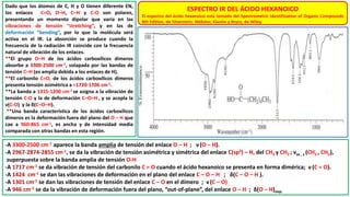 Dado que los átomos de C, H y O tienen diferente EN,
los enlaces C=O, O–H, C–H y C-O son polares,
presentando un momento dipolar que varía en las
vibraciones de tensión “stretching”, y en las de
deformación “bending”, por lo que la molécula será
activa en el IR. La absorción se produce cuando la
frecuencia de la radiación IR coincide con la frecuencia
natural de vibración de los enlaces.
**El grupo O–H de los ácidos carboxílicos dímeros
absorbe a 3300-2500 cm-1, solapada por las bandas de
tensión C–H (es amplia debida a los enlaces de H).
**El carbonilo C=O, de los ácidos carboxílicos dímeros
presenta tensión asimétrica a ≈1720-1706 cm-1.
**La banda a 1315-1200 cm-1 se asigna a la vibración de
tensión C-O y la de deformación C–O–H , y se acopla la
ν(C-O) y la δ(C–O–H).
**Una banda característica de los ácidos carboxílicos
dímeros es la deformación fuera del plano del O – H que
cae a 960-865 cm-1, es ancha y de intensidad media
comparada con otras bandas en esta región.
-A 3300-2500 cm-1 aparece la banda amplia de tensión del enlace O – H ; ν (O – H).
-A 2967-2874-2855 cm-1, se da la vibración de tensión asimétrica y simétrica del enlace C(sp3) – H, del CH3 y CH2 ; νas , s (CH3 , CH2),
superpuesta sobre la banda amplia de tensión O-H
-A 1717 cm-1 se da vibración de tensión del carbonilo C = O cuando el ácido hexanoico se presenta en forma dimérica; ν(C = O).
-A 1424 cm-1 se dan las vibraciones de deformación en el plano del enlace C – O – H ; δ(C – O – H ).
-A 1301 cm-1 se dan las vibraciones de tensión del enlace C – O en el dímero ; ν (C – O).
-A 946 cm-1 se da la vibración de deformación fuera del plano, “out-of-plane”, del enlace O – H ; δ(O – H)oop.
ESPECTRO IR DEL ÁCIDO HEXANOICO
El espectro del ácido hexanoico está tomado del Spectrometric Identification of Organic Compounds
8th Edition, de Silverstein, Webster, Kiemle y Bryce, de Wiley.
 