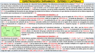 Los ésteres y las lactonas tienen dos bandas de absorción fuertes debidas a las vibraciones de tensión de los enlaces C = O, y C – O. La constante de
fuerza del enlace carbonílico resulta aumentada por la presencia del O contiguo, al ser el O de un elemento muy electronegativo. Una característica de
los ésteres y lactonas es la banda de tensión C – O que es fuerte y cae en la misma región en la que aparece una banda débil en las cetonas. Hay
superposición de las frecuencias del carbonilo C = O de ésteres y lactonas, y las de los ácidos carboxílicos. Las vibraciones de tensión y deformación del
O – H y la posibilidad de formación de sales distingue los ácidos de los ésteres. La frecuencia a la que absorbe el carbonilo de los ésteres depende de
los cambios que se produzcan en la proximidad del C = O.
VIBRACIONES DE TENSIÓN C = O
La banda de tensión del enlace C = O de los ésteres alifáticos saturados, excepto los metanoatos, cae en la región de 1750 a 1735 cm-1. Las bandas de
absorción C = O de metanoatos y ésteres α,β-insaturados y benzoatos, están en la región de 1730-1715 cm-1. La banda de absorción C = O del acetato
de vinilo está en 1776 cm-1; el acetato de fenilo absorbe a 1771 cm-1. La sustitución de un H en α, por un halógeno aumenta la frecuencia de tensión
del C = O. La absorción del carbonilo de las δ-lactonas saturadas (anillos de 6 miembros) está en la región de los ésteres no conjugados de cadena
recta. La insaturación en α respecto al C = O disminuye su frecuencia de absorción. La insaturación en α respecto al grupo –O– aumenta la frecuencia
del C = O.
VIBRACIONES DE TENSIÓN C – O
Las vibraciones de tensión C – O de los ésteres consisten realmente en dos vibraciones asimétricas acopladas: C – C (=O) – C y O – C – C. Estas bandas
aparecen en la región de 1300 a 1000 cm-1. La banda C – C (=O) – C de los ésteres saturados, excepto los acetatos, es fuerte en la región de 1210 a 1163
cm-1. Los acetatos de alcoholes saturados presentan esta banda a 1240 cm-1. Los acetatos de vinilo y fenilo absorben a un número de onda más bajo,
de 1190 a 1140 cm-1. La tensión C – C (=O) – C de los ésteres de los ácidos α,β-insaturados dan lugar a bandas múltiples en la región de 1300 a 1160
cm-1. Los ésteres de los ácidos aromáticos absorben fuertemente en la región de 1310 a 1250 cm-1.
La banda O – C – C de los ésteres de alcoholes primarios se presenta en el rango 1164 a 1031 cm-1 y la de los ésteres de alcoholes secundarios se da a
≈1100 cm-1. Los ésteres aromáticos de alcoholes primarios presentan esta absorción a 1111 cm-1. Los ésteres metílicos de ácidos grasos de cadena
larga dan lugar a un patrón con tres bandas a 1250, 1205 y 1175 cm-1. La banda más fuerte es la de 1175 cm-1.
ESPECTROSCOPIA INFRARROJA – ÉSTERES Y LACTONAS
Las ɣ-lactonas saturadas (anillos de 5 miembros) absorben a frecuencias más altas que los ésteres y las δ-
lactonas, en el rango 1795-1760 cm-1. La δ-valerolactona absorbe a 1770 cm-1. La insaturación en la molécula de la ɣ-
lactona afecta a la absorción del grupo carbonilo de la misma forma que una insaturación en las δ-lactonas. En las
lactonas insaturadas, se observa una fuerte absorción C = C en la región 1685-1660 cm-1 si el doble enlace es contiguo
al grupo – O –.
 