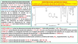 ESPECTRO IR DEL ACETATO DE FENILO
El espectro del acetato de fenilo está tomado del Spectrometric Identification of Organic
Compounds 8th Edition, de Silverstein, Webster, Kiemle y Bryce, de Wiley.
ESPECTRO IR DEL ACETATO DE FENILO:EXPLICACIÓN
Dado que los átomos de C, H y O tienen diferente EN,
los enlaces C = O, O – H, C – H y C - O son polares,
presentando un momento dipolar que varía en las
vibraciones de tensión “stretching”, y en las de
deformación “bending”, por lo que la molécula será
activa en el IR. La absorción se produce cuando la
frecuencia de la radiación IR coincide con la
frecuencia natural de vibración de los enlaces.
Las vibraciones de tensión del carbonilo C = O, de los
ésteres se presenta en la región 1776-1715 cm-1.
Las vibraciones de tensión C – O , de los ésteres se
deben a dos vibraciones de tensión asimétricas
acopladas, a saber, las vibraciones de los enlaces
C(=O) – O, y O – C – C que originan bandas en la región
de 1300-1000 cm-1 .
-A 3075 a 3052 cm-1 se dan las vibraciones de tensión de los enlaces C – H del anillo aromático ; ν(C – H)anillo aromático .
-A 1771 cm-1 se da vibración de tensión del carbonilo, C = O ; ν(C = O): cae a una frecuencia más alta que la de los esteres normales
(≈1740 cm-1) debido a la conjugación del fenilo con el oxígeno del alcohol ; la conjugación del carbonilo con un grupo arilo u otra
insaturación reduce la frecuencia de la vibración de tensión del C = O (los benzoatos absorben a ≈ 1740 cm-1).
-A 1601 cm-1 aparece las vibraciones de tensión C – C del anillo aromático.
-A 1493 y 1378 cm-1 se dan las vibraciones de deformación asimétrica y simétrica del metilo, CH3 , respectivamente ; δas (CH3) y
δs (CH3).
-A 1223 cm-1 se da la vibración de tensión C(= O) – O del acetato ; ν(C(= O) – O).
-A 1200 cm-1 se da la vibración de tensión asimétrica O – C – C del acetato ; ν(O – C – C).
 