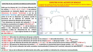 ESPECTRO IR DEL ACETATO DE BENCILO
El espectro del acetato de bencilo está tomado del Métodos Espectroscópicos en Química Orgánica,
2ª Edición , de Hesse, Meier y Zeeh, de la Editorial Síntesis.
ESPECTRO IR DEL ACETATO DE BENCILO:EXPLICACIÓN
Dado que los átomos de C, H y O tienen diferente EN,
los enlaces C = O, O – H, C – H y C - O son polares,
presentando un momento dipolar que varía en las
vibraciones de tensión “stretching”, y en las de
deformación “bending”, por lo que la molécula será
activa en el IR. La absorción se produce cuando la
frecuencia de la radiación IR coincide con la
frecuencia natural de vibración de los enlaces.
**Las vibraciones de tensión del carbonilo C = O, de
los ésteres se presenta en la región 1776-1715 cm-1.
**Las vibraciones de tensión C – O , de los ésteres se
deben a dos vibraciones de tensión asimétricas
acopladas, a saber, las vibraciones de los enlaces
C(=O) – O, y O – C – C que originan bandas en la región
de 1300-1000 cm-1 .
-A 3450 cm-1 (O) se dan los sobretonos del grupo carbonilo.
-A 3050 a 3020 cm-1 (A) se dan las vibraciones de tensión de los enlaces C – H del anillo bencénico ; ν(C – H)anillo bencénico .
-A 2960 a 2880 cm-1 (B) se dan las vibraciones de tensión de los enlaces C(sp3) – H del grupo metilo ; ν(C – H)grupo metilo .
-A 1740 cm-1 (C) se da vibración de tensión del carbonilo, C = O ; ν(C = O): sale a la frecuencia de los esteres normales ( ≈1740 cm-1 ).
-A 1230 cm-1 (D) aparece las vibraciones de tensión C – O ; la posición es característica para el grupo acetilo ; ν(C – O) grupo acetilo.
-A 750 cm-1 (X1) se da la vibración del anillo aromático monosustituido (5 átomos de H vecinos); vibración de deformación C – H fuera del
plano.
-A 700 cm-1 (X2) se da la vibración de deformación del anillo, que también es indicativa de un benceno monosustituido.
 