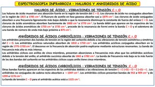HALUROS DE ÁCIDO : VIBRACIONES DE TENSIÓN C = O
Los haluros de ácido muestran una absorción fuerte en la región de tensión del C = O. Los cloruros de ácido no conjugados absorben
en la región de 1815 a 1785 cm-1. El fluoruro de acetilo en fase gaseosa absorbe casi a 1879 cm-1. Los cloruros de ácido conjugados
absorben a una frecuencia ligeramente más bajas debido a que la resonancia disminuye la constante de fuerza del enlace C = O. Los
cloruros de ácido aromáticos absorben fuertemente de 1800 cm-1 a 1770 cm-1. La banda débil que aparece en los espectros de los
cloruros de ácidos aromáticos de 1750 cm-1 a 1735 cm-1 , procede de la resonancia de Fermi entre la banda C = O y el sobretono de
una banda de número de onda más bajo próximo a 875 cm-1.
ANHÍDRIDOS DE ÁCIDOS CARBOXÍLICOS : VIBRACIONES DE TENSIÓN C = O
Los anhídridos presentan dos bandas de tensión en la región del carbonilo debido a las vibraciones de tensión asimétrica y simétrica
del C = O. Los anhídridos acíclicos saturados absorben de 1818 a 1750 cm-1. Los anhídridos acíclicos conjugados absorben en la
región de 1775-1720 cm-1. El descenso en la frecuencia de absorción podría explicarse mediante estructuras resonantes. La banda de
frecuencia más alta es más intensa.
Los anhídridos cíclicos con anillos de cinco miembros, presentan absorciones a frecuencias más altas que los anhídridos acíclicos
debido a la tensión del anillo; el anhídrido succínico absorbe de 1865 a 1782 cm-1. La banda de frecuencia más baja es la más fuerte
de las dos bandas del carbonilo en los anhídridos cíclicos cuyos anillo tiene cinco miembros.
ANHÍDRIDOS DE ÁCIDOS CARBOXÍLICOS : VIBRACIONES DE TENSIÓN C – O
Otras bandas fuertes aparecen en los espectros de los anhídridos debido a las vibraciones de tensión C – C (=O) – O – C (=O) – C . Los
anhídridos no conjugados de cadena recta absorben a ≈ 1047 cm-1. Los anhídridos cíclicos presentan bandas de 952 a 909 cm-1 y de
1299 a 1176 cm-1.
La banda de tensión C – O para el anhídrido acético está a 1125 cm-1.
ESPECTROSCOPIA INFRARROJA – HALUROS Y ANHIDRIDOS DE ÁCIDO
 