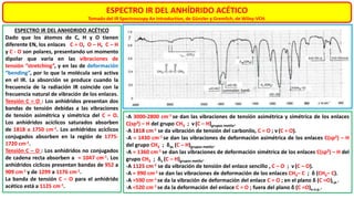ESPECTRO IR DEL ANHÍDRIDO ACÉTICO
Tomado del IR Spectroscopy An Introduction, de Günzler y Gremlich, de Wiley-VCH.
ESPECTRO IR DEL ANHIDRIDO ACÉTICO
Dado que los átomos de C, H y O tienen
diferente EN, los enlaces C = O, O – H, C – H
y C - O son polares, presentando un momento
dipolar que varía en las vibraciones de
tensión “stretching”, y en las de deformación
“bending”, por lo que la molécula será activa
en el IR. La absorción se produce cuando la
frecuencia de la radiación IR coincide con la
frecuencia natural de vibración de los enlaces.
Tensión C = O : Los anhídridos presentan dos
bandas de tensión debidas a las vibraciones
de tensión asimétrica y simétrica del C = O.
Los anhídridos acíclicos saturados absorben
de 1818 a 1750 cm-1. Los anhídridos acíclicos
conjugados absorben en la región de 1775-
1720 cm-1.
Tensión C – O : Los anhídridos no conjugados
de cadena recta absorben a ≈ 1047 cm-1. Los
anhídridos cíclicos presentan bandas de 952 a
909 cm-1 y de 1299 a 1176 cm-1.
La banda de tensión C – O para el anhídrido
acético está a 1125 cm-1.
-A 3000-2800 cm-1 se dan las vibraciones de tensión asimétrica y simétrica de los enlaces
C(sp3) – H del grupo CH3 ; ν (C – H)grupos metilo.
-A 1818 cm-1 se da vibración de tensión del carbonilo, C = O ; ν (C = O).
-A ≈ 1430 cm-1 se dan las vibraciones de deformación asimétrica de los enlaces C(sp3) – H
del grupo CH3 ; δas (C – H)grupos metilo.
-A ≈ 1360 cm-1 se dan las vibraciones de deformación simétrica de los enlaces C(sp3) – H del
grupo CH3 ; δs (C – H)grupos metilo.
-A 1125 cm-1 se da vibración de tensión del enlace sencillo , C – O ; ν(C – O).
-A ≈ 990 cm-1 se dan las vibraciones de deformación de los enlaces CH3– C ; δ (CH3– C).
-A ≈590 cm-1 se da la vibración de deformación del enlace C = O ; en el plano δ (C =O)i.p..
-A ≈520 cm-1 se da la deformación del enlace C = O ; fuera del plano δ (C =O)o.o.p..
 