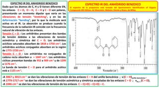 ESPECTRO IR DEL ANHÍDRIDO BENZOICO
El espectro de la propanona está tomado del Spectrometric Identification of Organic
Compounds 8th Edition, de Silverstein, Webster, Kiemle y Bryce, de Wiley.
ESPECTRO IR DEL ANHIDRIDO BENZOICO
Dado que los átomos de C, H y O tienen diferente EN,
los enlaces C = O, O – H, C – H y C - O son polares,
presentando un momento dipolar que varía en las
vibraciones de tensión “stretching”, y en las de
deformación “bending”, por lo que la molécula será
activa en el IR. La absorción se produce cuando la
frecuencia de la radiación IR coincide con la frecuencia
natural de vibración de los enlaces.
Tensión C = O : Los anhídridos presentan dos bandas
de tensión debidas a las vibraciones de tensión
asimétrica y simétrica del C = O. Los anhídridos
acíclicos saturados absorben de 1818 a 1750 cm-1. Los
anhídridos acíclicos conjugados absorben en la región
de 1775-1720 cm-1.
Tensión C – O : Los anhídridos no conjugados de
cadena recta absorben a ≈ 1047 cm-1. Los anhídridos
cíclicos presentan bandas de 952 a 909 cm-1 y de 1299
a 1176 cm-1.
La banda de tensión C – O para el anhídrido acético
está a 1125 cm-1.
-A 3067 y 3013 cm-1 se dan las vibraciones de tensión de los enlaces C – H del anillo bencénico ; ν(C – H)anillo bencénico .
-A 1779-1717 cm-1 se dan las vibraciones de tensión asimétrica y simétrica acopladas de los enlaces C = O ; νas, s (C = O).
-A 1046 cm-1 se dan las vibraciones de tensión de los enlaces C – C(=O) – C(=O) – C.
 