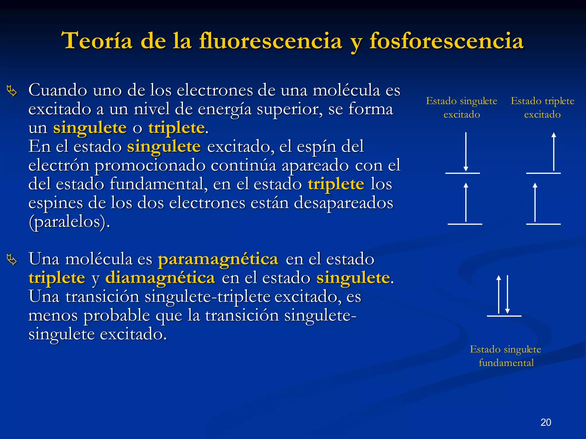 Teoría de la fluorescencia y fosforescencia
 Cuando uno de los electrones de una molécula es
excitado a un nivel de energía superior, se forma
un singulete o triplete.
En el estado singulete excitado, el espín del
electrón promocionado continúa apareado con el
del estado fundamental, en el estado triplete los
espines de los dos electrones están desapareados
(paralelos).
 Una molécula es paramagnética en el estado
triplete y diamagnética en el estado singulete.
Una transición singulete-triplete excitado, es
menos probable que la transición singulete-
singulete excitado.
Estado singulete
fundamental
Estado singulete
excitado
Estado triplete
excitado
20
 