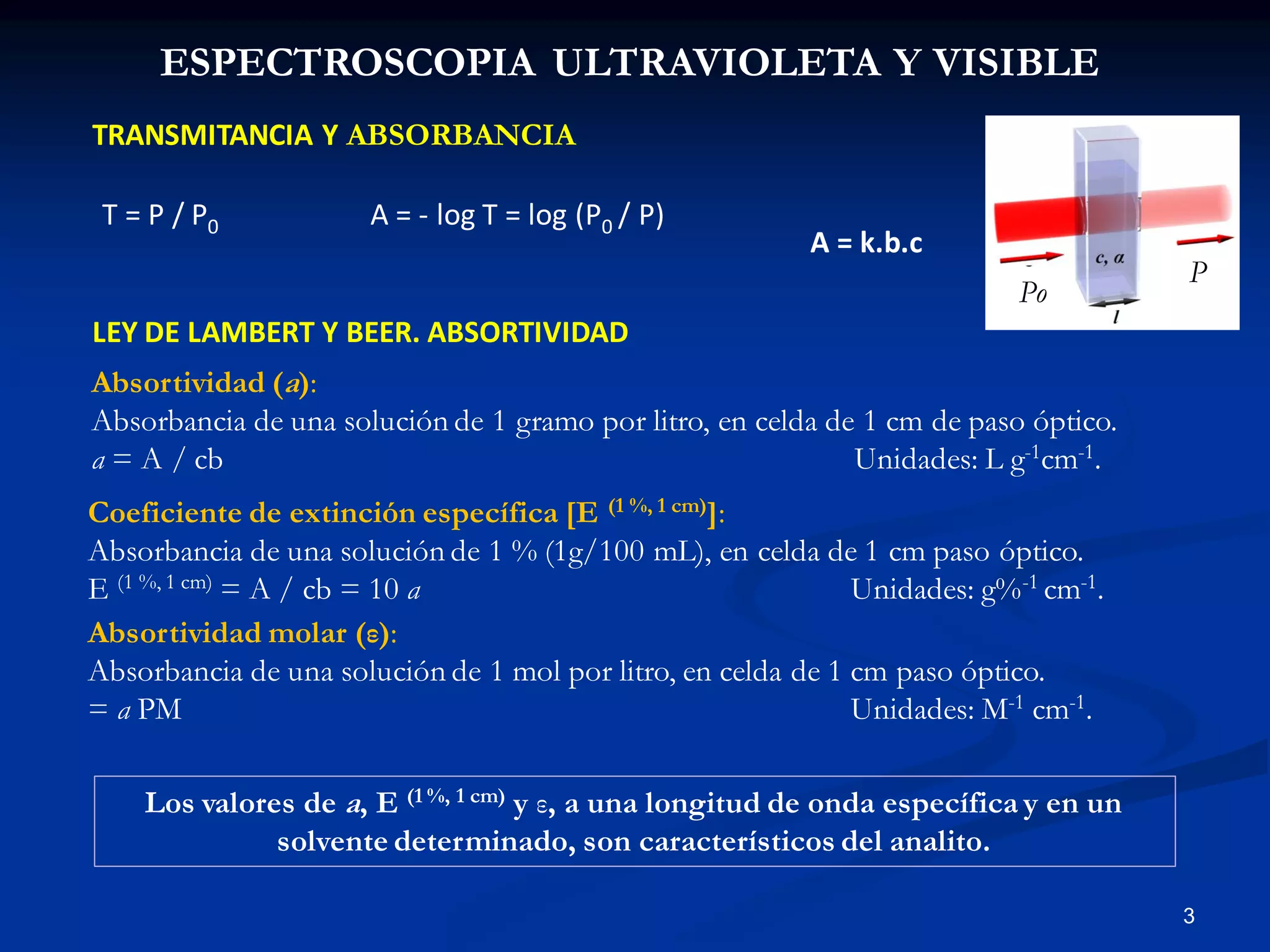 ESPECTROSCOPIA ULTRAVIOLETA Y VISIBLE
TRANSMITANCIA Y ABSORBANCIA
T = P / P0 A = - log T = log (P0 / P)
LEY DE LAMBERT Y BEER. ABSORTIVIDAD
A = k.b.c
Absortividad (a):
Absorbancia de una solución de 1 gramo por litro, en celda de 1 cm de paso óptico.
a = A / cb Unidades: L g-1cm-1.
Coeficiente de extinción específica [E (1 %, 1 cm)]:
Absorbancia de una solución de 1 % (1g/100 mL), en celda de 1 cm paso óptico.
E (1 %, 1 cm) = A / cb = 10 a Unidades: g%-1 cm-1.
Absortividad molar (ε):
Absorbancia de una solución de 1 mol por litro, en celda de 1 cm paso óptico.
= a PM Unidades: M-1 cm-1.
3
Po
P
Los valores de a, E (1 %, 1 cm) y ε, a una longitud de onda específica y en un
solvente determinado, son característicos del analito.
 