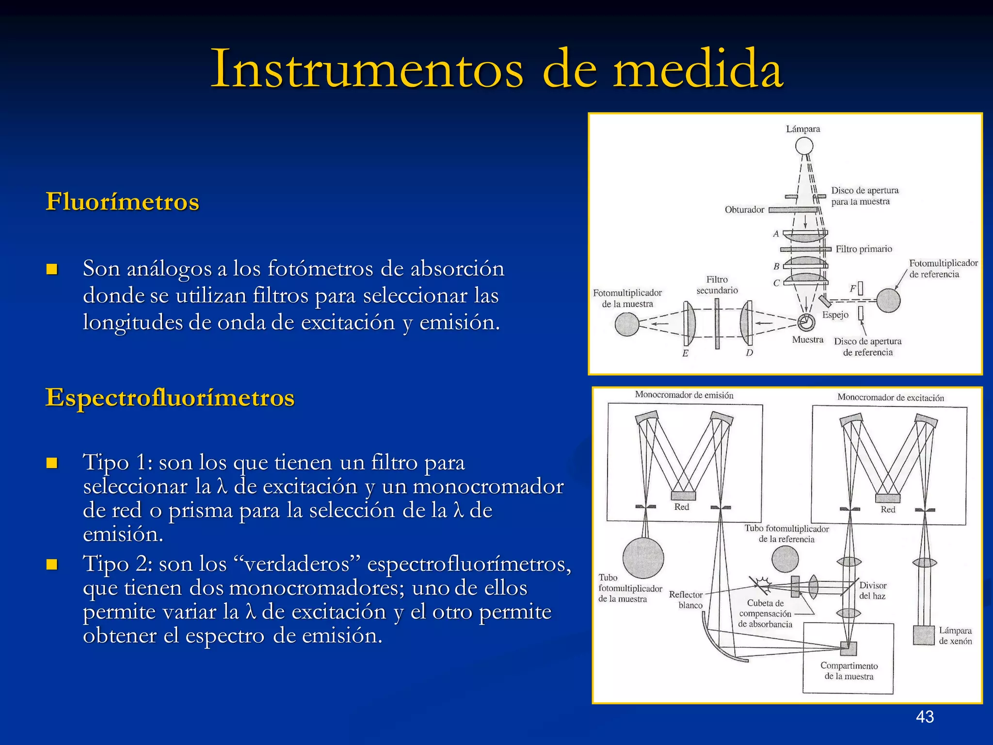 Instrumentos de medida
Espectrofluorímetros
 Tipo 1: son los que tienen un filtro para
seleccionar la λ de excitación y un monocromador
de red o prisma para la selección de la λ de
emisión.
 Tipo 2: son los “verdaderos” espectrofluorímetros,
que tienen dos monocromadores; uno de ellos
permite variar la λ de excitación y el otro permite
obtener el espectro de emisión.
Fluorímetros
 Son análogos a los fotómetros de absorción
donde se utilizan filtros para seleccionar las
longitudes de onda de excitación y emisión.
43
 