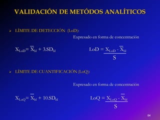 VALIDACIÓN DE METÓDOS ANALÍTICOS
64
 LÍMITE DE DETECCIÓN (LoD):
Expresado en forma de concentración
XLoD= Xbl + 3.SDbl Lo...