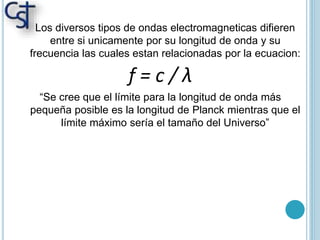 Los diversos tipos de ondas electromagneticas difieren
entre si unicamente por su longitud de onda y su
frecuencia las cuales estan relacionadas por la ecuacion:
ƒ = c / λ
“Se cree que el límite para la longitud de onda más
pequeña posible es la longitud de Planck mientras que el
límite máximo sería el tamaño del Universo”
 