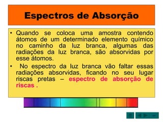 Espectros de Absorção Quando se coloca uma amostra contendo átomos de um determinado elemento químico no caminho da luz branca, algumas das radiações da luz branca, são absorvidas por esse átomos. No espectro da luz branca vão faltar essas radiações absorvidas, ficando no seu lugar riscas pretas –  espectro de absorção de riscas . sair 
