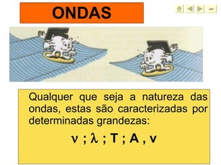 ONDAS Qualquer que seja a natureza das ondas, estas são caracterizadas por determinadas grandezas:    ;    ; T ; A , v sair 