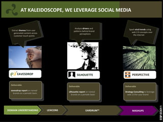 Extract  themes  from user generated content across customer touch points Spark   viral trends  using  web 2.0 concepts over  the internet Analyze  drivers  and  patterns behind brand perceptions AT KALEIDOSCOPE, WE LEVERAGE SOCIAL MEDIA Page number 6 of 12 Deliverable eavesdrop report  on named brands on a periodic basis Deliverable silhouette report  on named brands on a periodic basis Deliverable Strategy Consulting  to leverage web 2.0 for your brand  ESP.ED011 DOMAIN UNDERSTANDING LEXICONS EARDRUM™ MASHUPS SILHOUETTE EAVESDROP TM PERSPECTIVE 