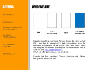 WHO WE ARE..2 
OUR VISION…3 
WHAT KIND OF TRENDS AND 
NEEDS WE FACE?…4 
SAP IDEA TO 
PERFORMANCE……5 
SAP TECHNOLOGY 
PLATFORM….6 
CONTACTS……...7 
WHO WE ARE 
Espedia Consulting, SAP Gold Partner, began to work on SAP 
ERP and then it specialized in CAD integrations, until the 
complete management of the product life cycle (PLM). Today 
we integrate all business processes of the value chain. This is 
what we call "Idea to Performance”. 
Infact we offer performance, not products. 
Espedia has four locations: Treviso (headquarter), Padua, 
Bologna and Vimercate (MB) 
AGENDA 
ERP CAD 
INTEGRATION PLM 
SAP IDEA TO 
PERFORMANCE 
 