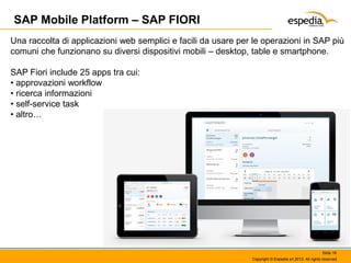 SAP Mobile Platform – SAP FIORI
Una raccolta di applicazioni web semplici e facili da usare per le operazioni in SAP più
comuni che funzionano su diversi dispositivi mobili – desktop, table e smartphone.
SAP Fiori include 25 apps tra cui:
• approvazioni workflow
• ricerca informazioni
• self-service task
• altro…

Slide 16
Copyright © Espedia srl 2013. All rights reserved.

 