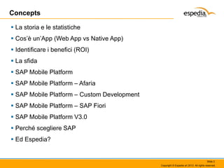 Concepts
 La storia e le statistiche
 Cos’è un’App (Web App vs Native App)
 Identificare i benefici (ROI)

 La sfida
 SAP Mobile Platform
 SAP Mobile Platform – Afaria

 SAP Mobile Platform – Custom Development
 SAP Mobile Platform – SAP Fiori
 SAP Mobile Platform V3.0
 Perché scegliere SAP
 Ed Espedia?

Slide 2
Copyright © Espedia srl 2013. All rights reserved.

 