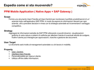 Espedia come si sta muovendo?
PPM Mobile Application ( Native Apps + SAP Gateway )
Scope
Fornire uno strumento User-Friendly ed User-Centrict per monitorare il portfolio prodotti/servizi di un’
azienda insito nell'applicativo SAP PPM. In modo da esporre le informazioni rilevanti per ogni
azienda, utili a prendere decisioni in linea con la strategia aziendale ed incrementare il vantaggio
competitivo.

Strategy
Aggregare le informazioni estratte da SAP PPM utilizzando cruscotti dinamici, visualizzazioni
grafiche di varia natura e sistemi di notifiche per allertare l'utente di eventuali attività da svolgere.
Inoltre l'utente può interagire per approvazioni, ricerche e gestione dei documenti.

User Target
Lo strumento sarà rivolto al management aziendale e a chi lavora in mobilità.

Property





User- Centrict.
Interface User-Friendly.
Personalizzabile per ciascun cliente.
Utilizzo off-line delle informazioni.

Slide 21
Copyright © Espedia srl 2013. All rights reserved.

 