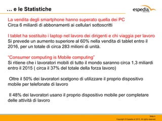 … e le Statistiche
La vendita degli smartphone hanno superato quella dei PC
Circa 6 miliardi di abbonamenti ai cellulari sottoscritti
I tablet ha sostituito i laptop nel lavoro dei dirigenti e chi viaggia per lavoro
Si prevede un aumento superiore al 60% nella vendita di tablet entro il
2016, per un totale di circa 283 milioni di unità.
“Consumer computing is Mobile computing”
Si ritiene che i lavoratori mobili di tutto il mondo saranno circa 1,3 miliardi
entro il 2015 ( circa il 37% del totale della forza lavoro)
Oltre il 50% dei lavoratori scelgono di utilizzare il proprio dispositivo
mobile per telefonate di lavoro
Il 48% dei lavoratori usano il proprio dispositivo mobile per completare
delle attività di lavoro

Slide 4
Copyright © Espedia srl 2013. All rights reserved.

 
