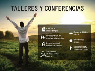 TALLERES Y CONFERENCIAS
Cree en ti...
así de simple
Recuperando la
convivencia familiar
Despertando el
espiritu de servicio
Verdaderos
delfines en las
ventas
Responsabilidad
social
Rescatando
el hoy
Despertando tu
vendedor interior
 