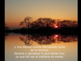 y nos damos cuenta demasiado tarde
de lo hicimos.
Aprecia y agradece lo que tienes hoy,
ya que tal vez el mañana no exista.
 