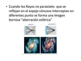 Cuando los Rayos no paraxiales  que se reflejan en el espejo cóncavo interceptan en diferentes punto se forma una imagen borrosa “aberración esférica” 
