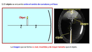 3) El objeto se encuentra entre el centro de curvatura y el foco:
La imagen que se forma es real, invertida y de mayor tamaño que el objeto.
 