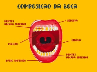 COMPOSICAO DA BOCA
DENTES
ARCADA SUPERIOR
PALATO
LABIO INFERIOR
GENGIVA
LINGUA
DENTES
ARCADA INFERIOR
 