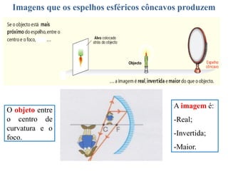 Imagens que os espelhos esféricos côncavos produzem
O objeto entre
o centro de
curvatura e o
foco.
A imagem é:
-Real;
-Invertida;
-Maior.
 