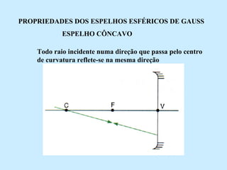PROPRIEDADES DOS ESPELHOS ESFÉRICOS DE GAUSS
ESPELHO CÔNCAVO
Todo raio incidente numa direção que passa pelo centro
de curvatura reflete-se na mesma direção

 