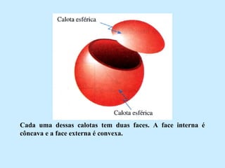 Cada uma dessas calotas tem duas faces. A face interna é
côncava e a face externa é convexa.

 