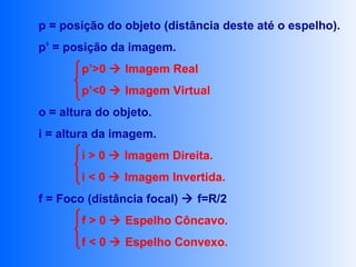p = posição do objeto (distância deste até o espelho).
p’ = posição da imagem.
        p’>0  Imagem Real
        p’<0  Imagem Virtual
o = altura do objeto.
i = altura da imagem.
        i > 0  Imagem Direita.
        i < 0  Imagem Invertida.
f = Foco (distância focal)  f=R/2
        f > 0  Espelho Côncavo.
        f < 0  Espelho Convexo.
 