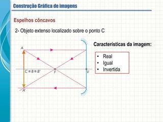 2- Objeto extenso localizado sobre o ponto C
Características da imagem:
• Real
• Igual
• Invertida
Espelhos côncavos
Imagens conjugadas pelos espelhos esféricos
 