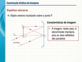 4- Objeto extenso localizado sobre o ponto F
Características da imagem:
• A imagem, neste caso, é
denominada imprópria,
pois os raios refletidos
são paralelos
Espelhos côncavos
Imagens conjugadas pelos espelhos esféricos
 