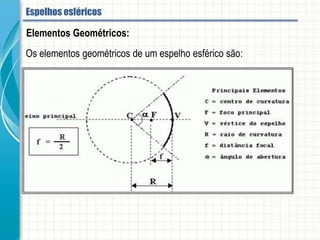 Elementos Geométricos:
Os elementos geométricos de um espelho esférico são:
Espelhos esféricos
 