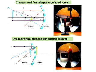 Imagem real formada por espelho côncavo Imagem virtual formada por espelho côncavo frente atrás frente atrás 