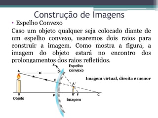 Construção de Imagens 
•Espelho Convexo 
Caso um objeto qualquer seja colocado diante de um espelho convexo, usaremos dois raios para construir a imagem. Como mostra a figura, a imagem do objeto estará no encontro dos prolongamentos dos raios refletidos. 
Imagem virtual, direita e menor  