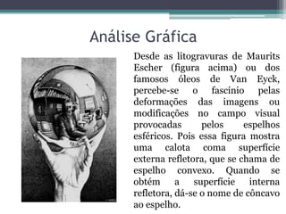 Análise Gráfica 
Desde as litogravuras de Maurits Escher (figura acima) ou dos famosos óleos de Van Eyck, percebe-se o fascínio pelas deformações das imagens ou modificações no campo visual provocadas pelos espelhos esféricos. Pois essa figura mostra uma calota coma superfície externa refletora, que se chama de espelho convexo. Quando se obtém a superfície interna refletora, dá-se o nome de côncavo ao espelho.  