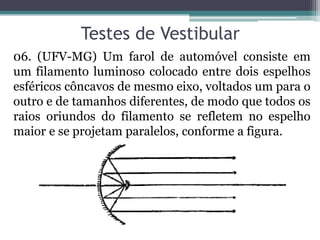 Testes de Vestibular 
06. (UFV-MG) Um farol de automóvel consiste em um filamento luminoso colocado entre dois espelhos esféricos côncavos de mesmo eixo, voltados um para o outro e de tamanhos diferentes, de modo que todos os raios oriundos do filamento se refletem no espelho maior e se projetam paralelos, conforme a figura.  